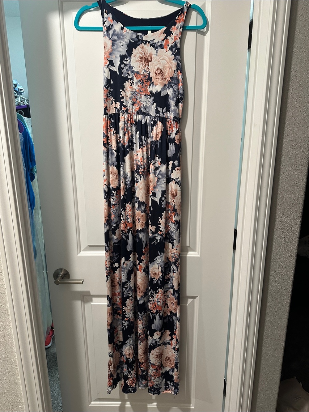 Navy Floral Sleeveless Maxi Dress with Peach Roses